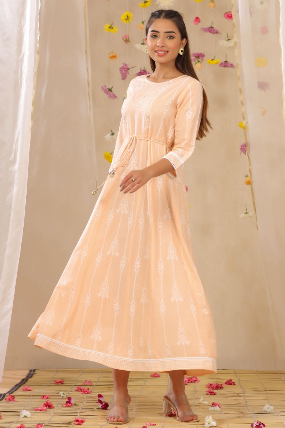 Juniper Womens Peach Rayon Gliter Printed Anarkali Dress