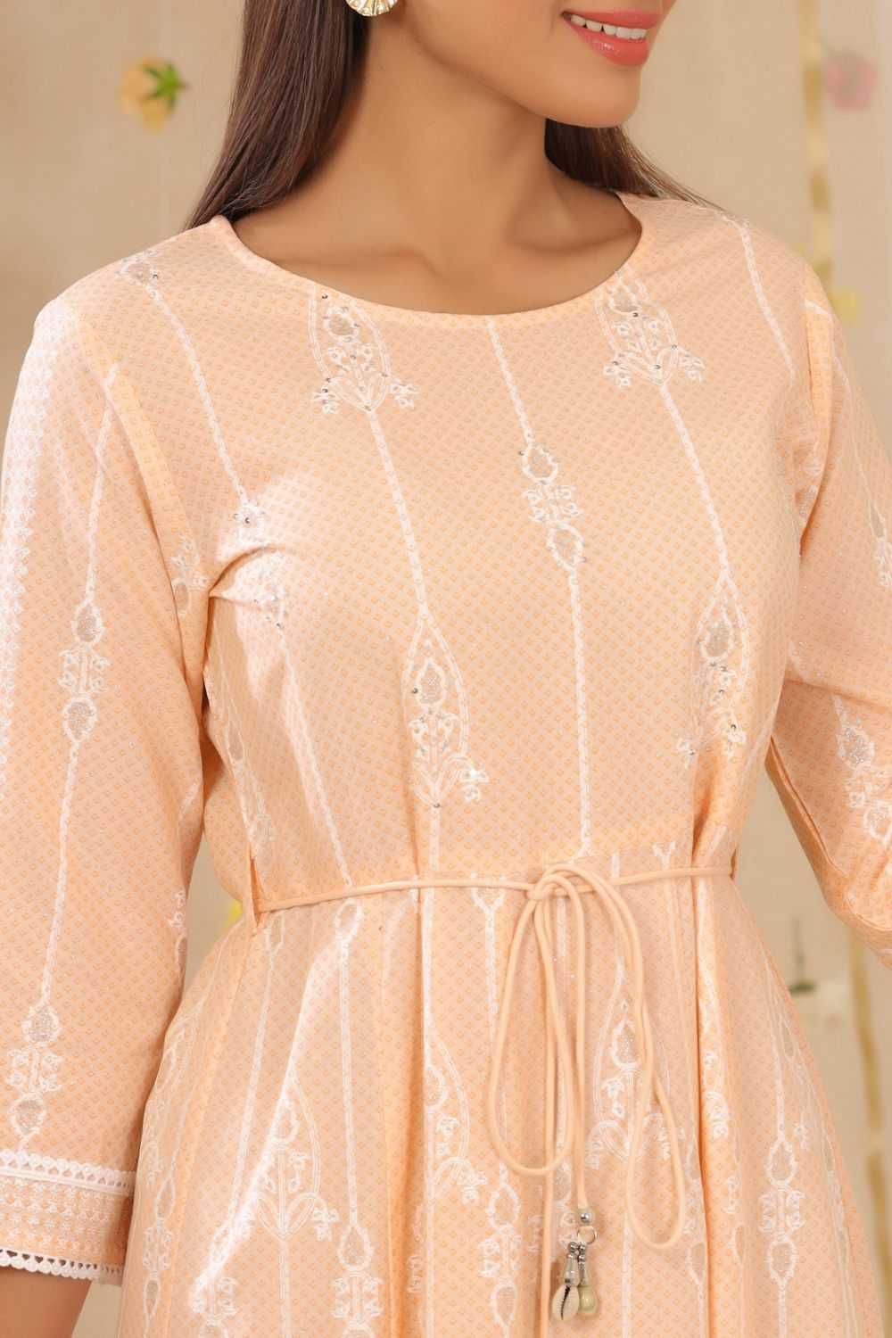 Juniper Womens Peach Rayon Gliter Printed Anarkali Dress