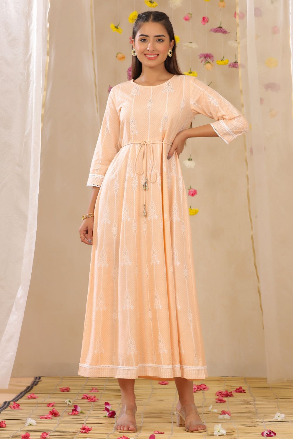Juniper Womens Peach Rayon Gliter Printed Anarkali Dress