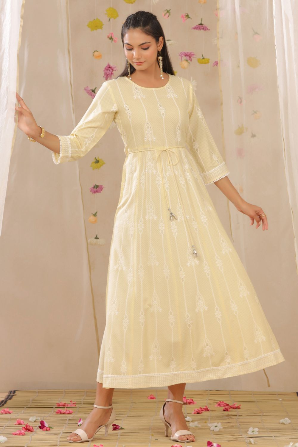 Juniper Womens Yellow Rayon Gliter Printed Anarkali Dress