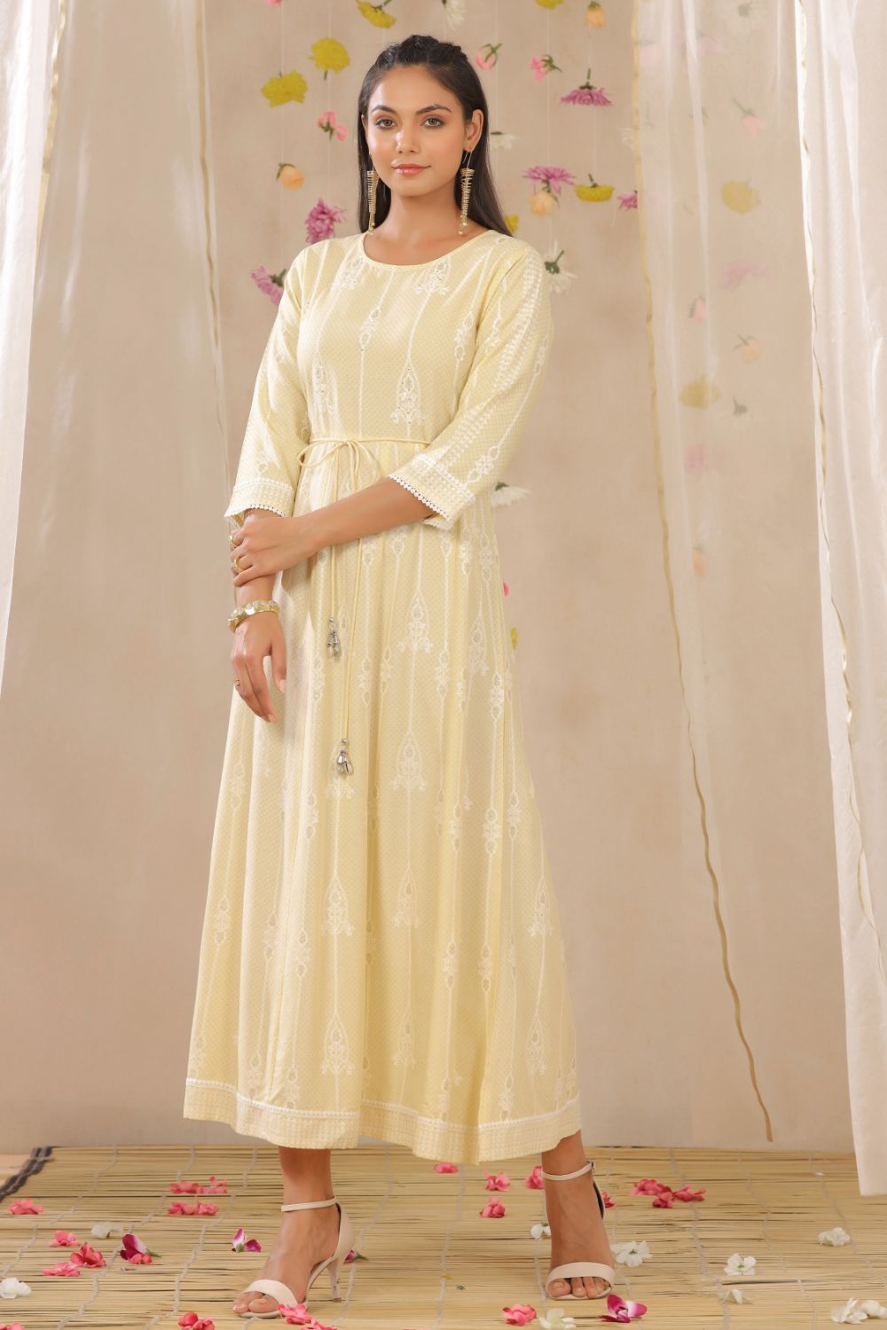 Juniper Womens Yellow Rayon Gliter Printed Anarkali Dress