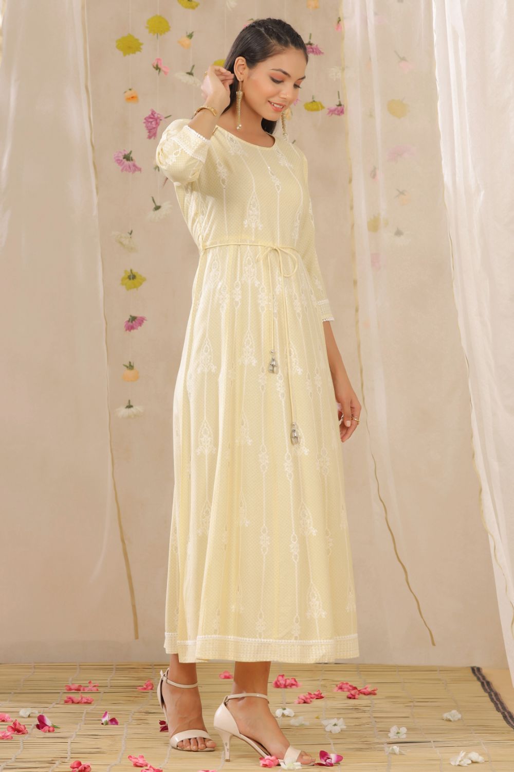 Juniper Womens Yellow Rayon Gliter Printed Anarkali Dress