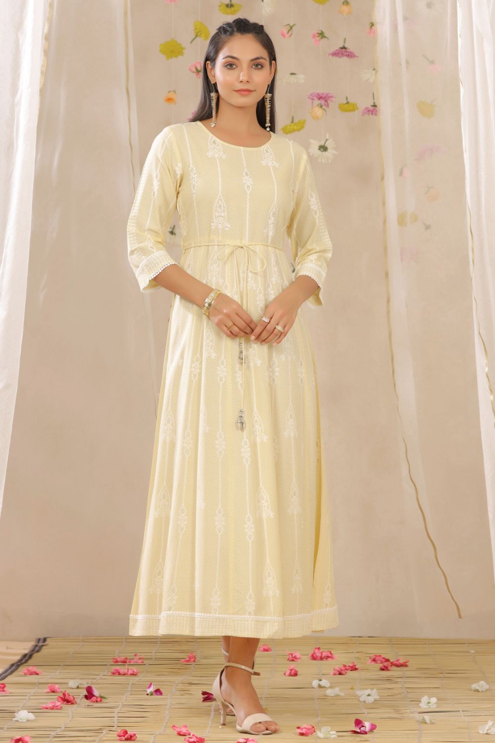 Juniper Womens Yellow Rayon Gliter Printed Anarkali Dress