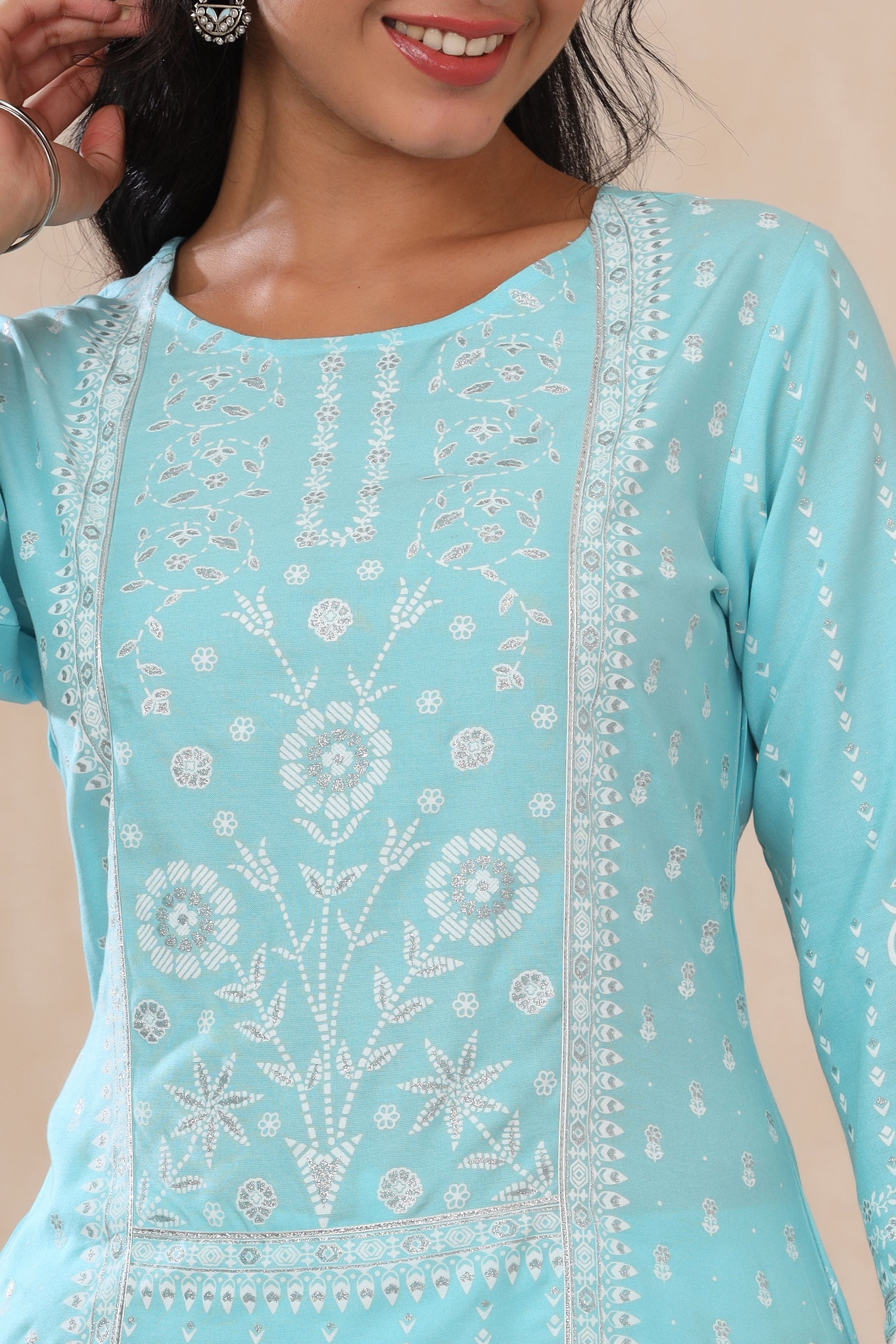 Juniper Aqua Ethnic Motif Printed Rayon Kurta With Lace Work