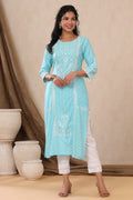 Juniper Aqua Ethnic Motif Printed Rayon Kurta With Lace Work
