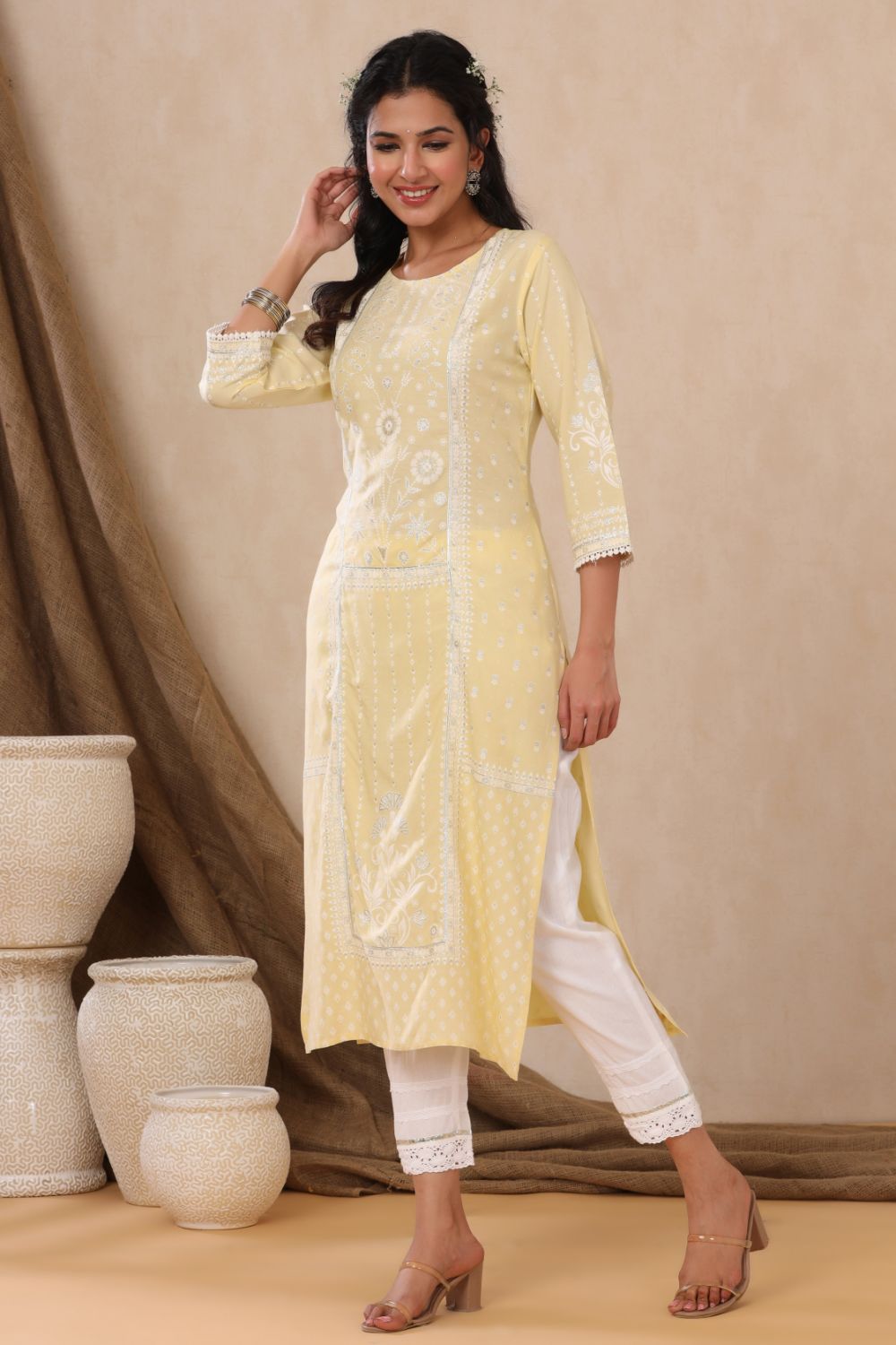 Juniper Womens Light Yellow Rayon Khari Printed Straight Kurta