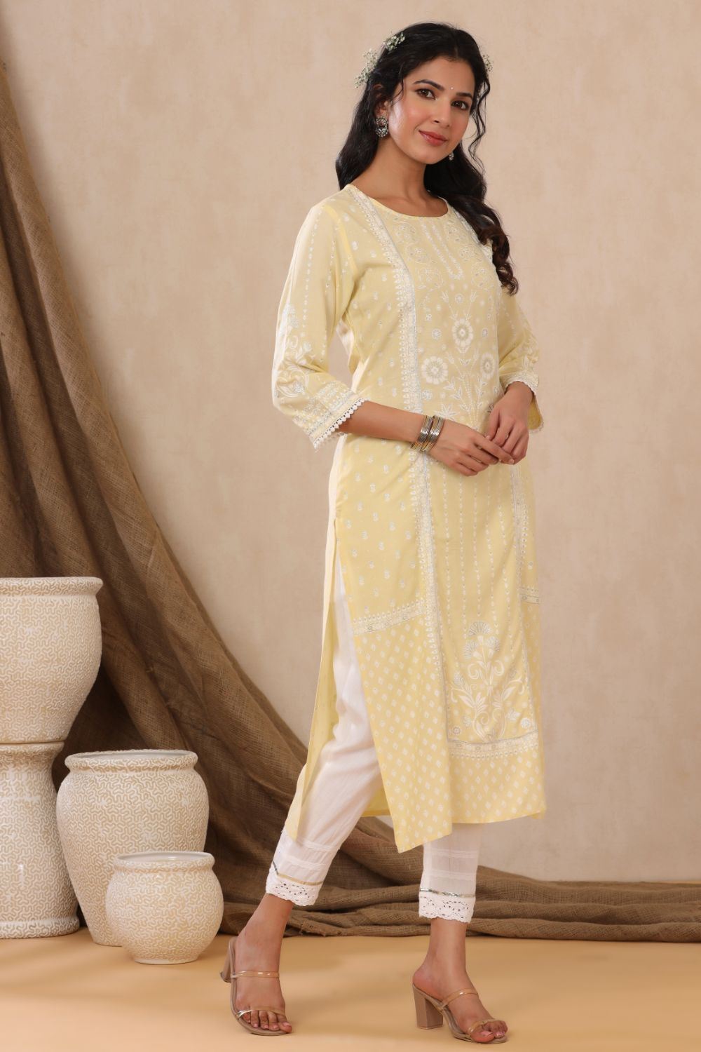 Juniper Womens Light Yellow Rayon Khari Printed Straight Kurta
