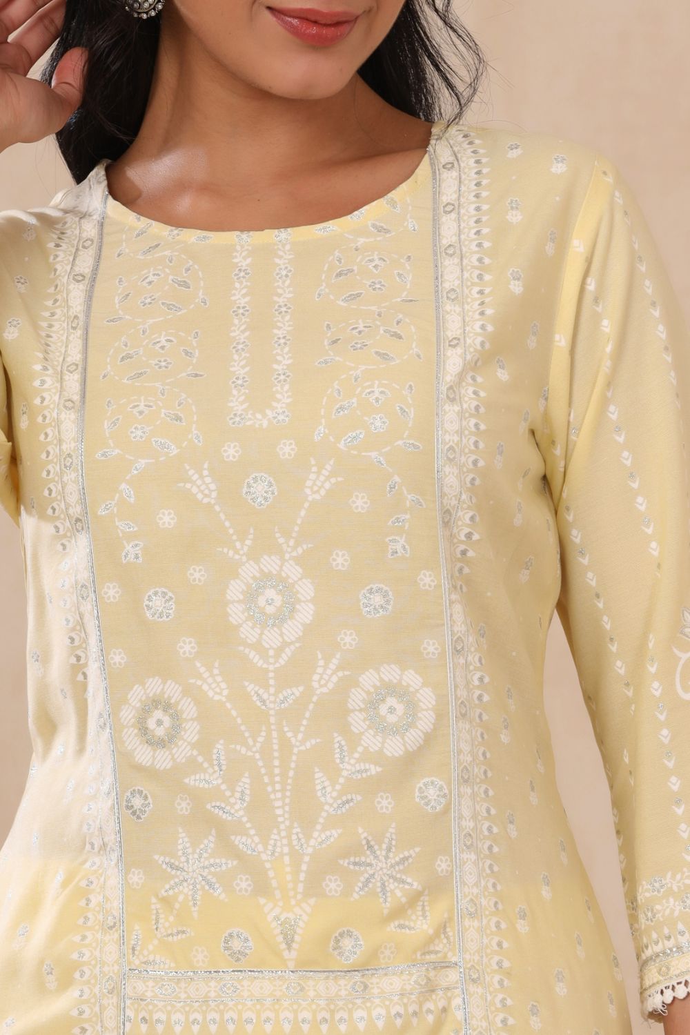 Juniper Womens Light Yellow Rayon Khari Printed Straight Kurta