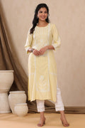 Juniper Womens Light Yellow Rayon Khari Printed Straight Kurta