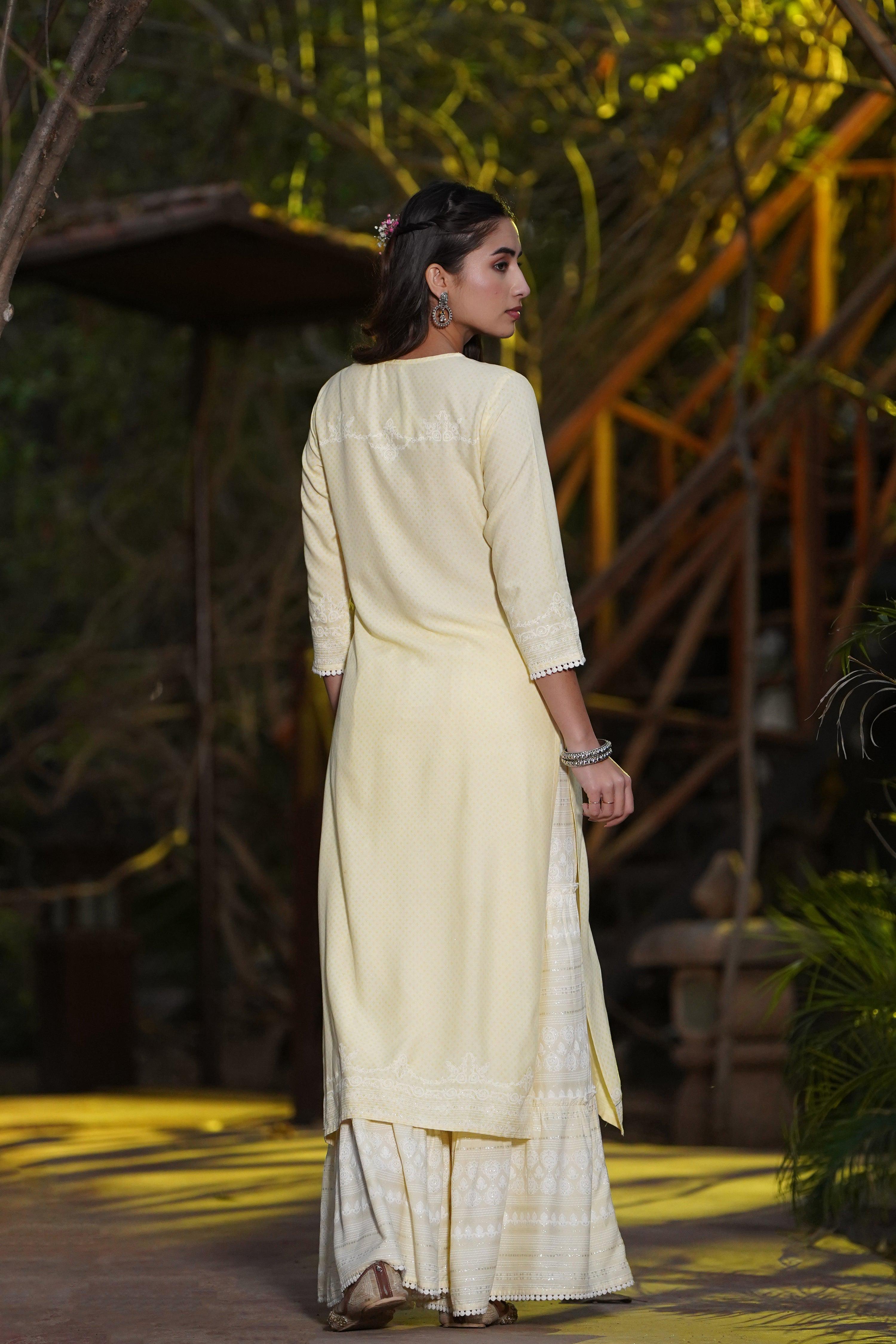 Juniper Yellow Ethnic Motif Printed Rayon Kurta & Sharara Set with Gota & Lace Work