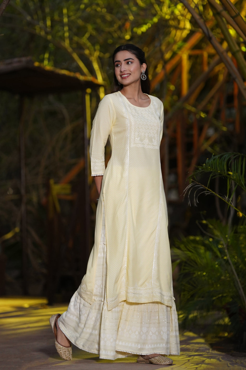 Juniper Yellow Ethnic Motif Printed Rayon Kurta & Sharara Set with Gota & Lace Work