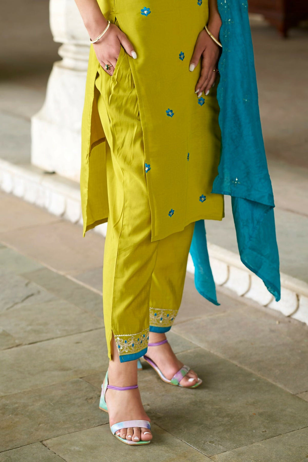 The52 Lemon Beautiful Embroidered Viscose Chanderi Fabric Straight Kurta Pant with Dupatta Set