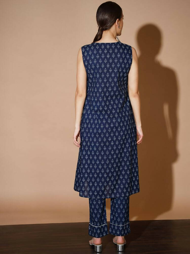 Myshka Women Blue Printed Kurta & Trousers