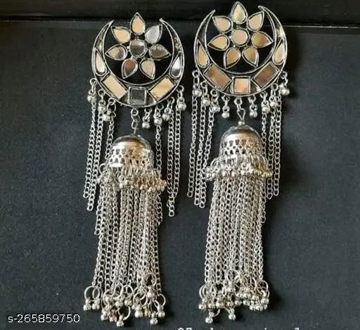 Tehzeeb Creations Women's Silver Colour Oxidised Earrings With Mirror And Chain
