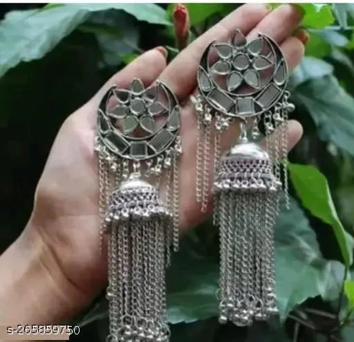 Tehzeeb Creations Women's Silver Colour Oxidised Earrings With Mirror And Chain