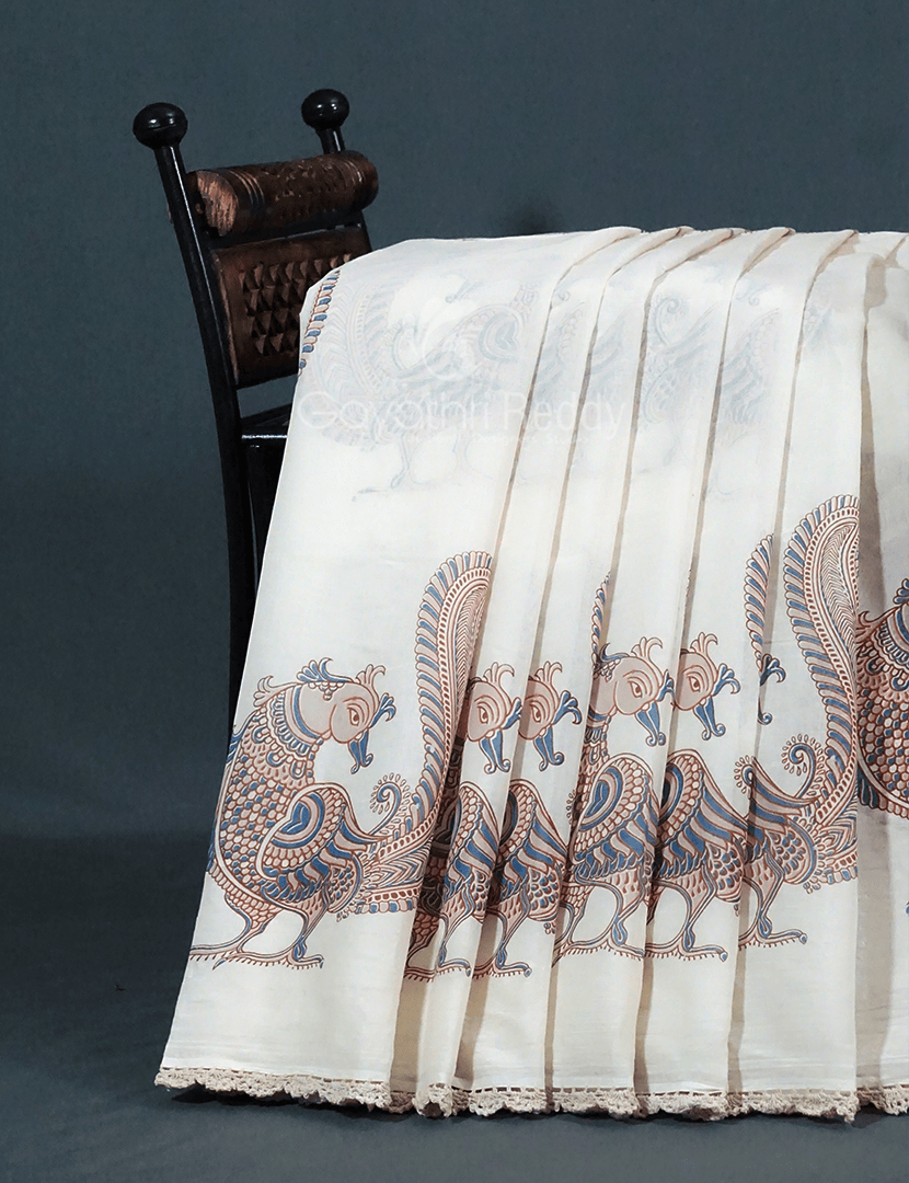 Cream Colour Peacock Block Print Crocia Mulmul Cotton Saree By Gayathri Reddy Designer Studio