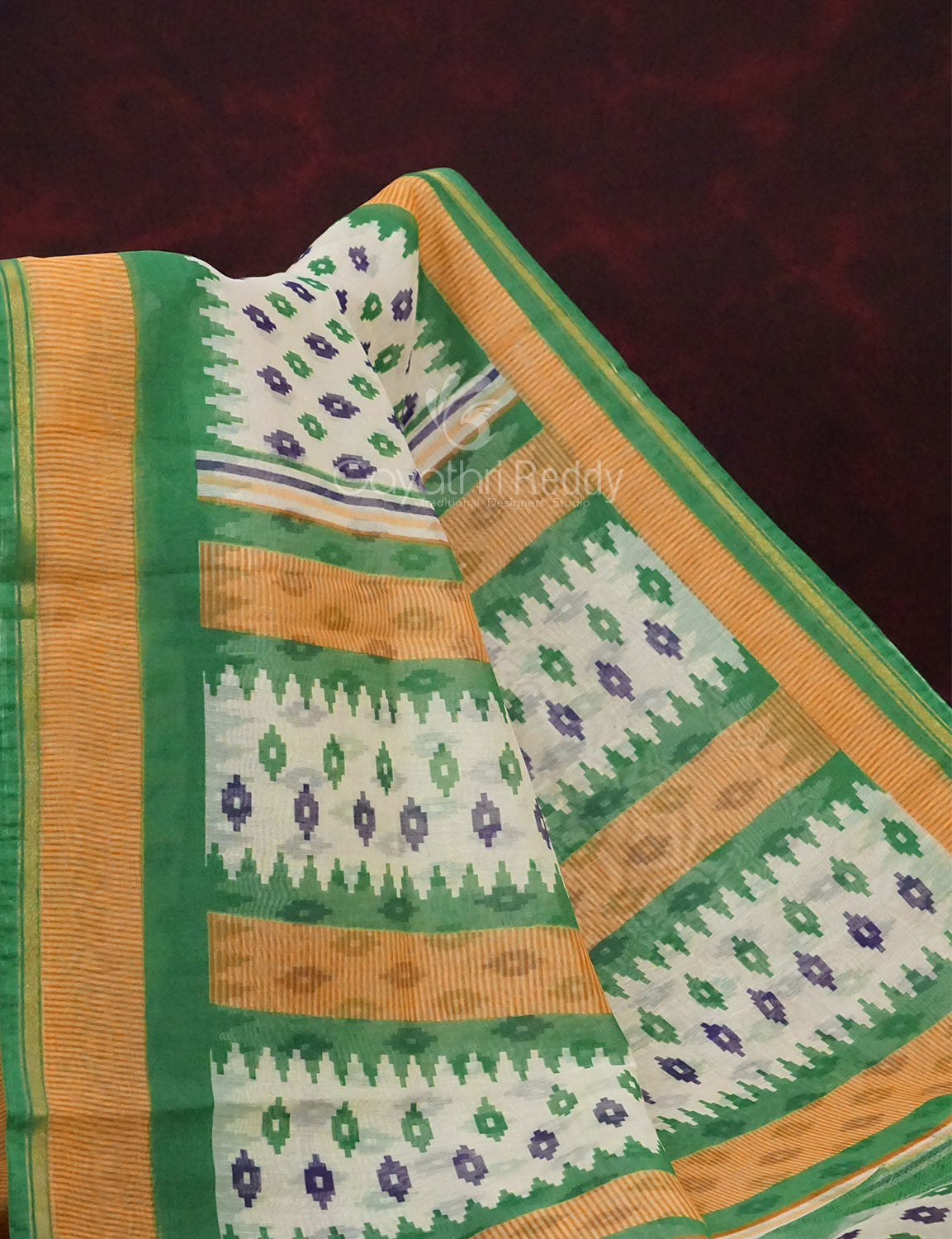 Combo of Off White and Mango Green Patan Patola Semi Chanderi Saree By Gayathri Reddy Designer Studio