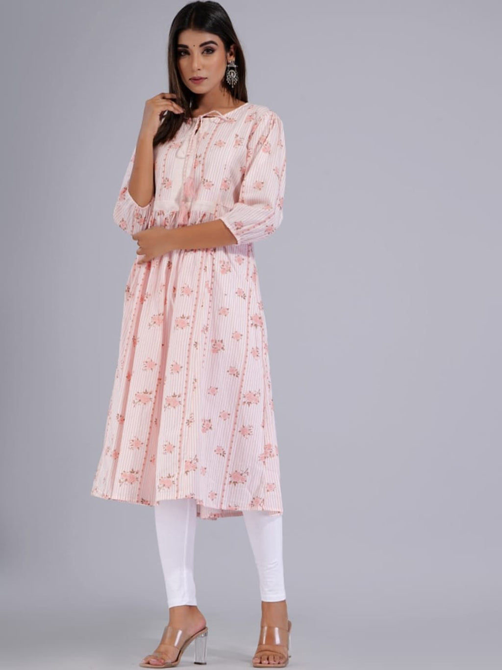 HERE&NOW Peach & White Floral Printed Tie-Up Neck Cotton A-Line Kurta