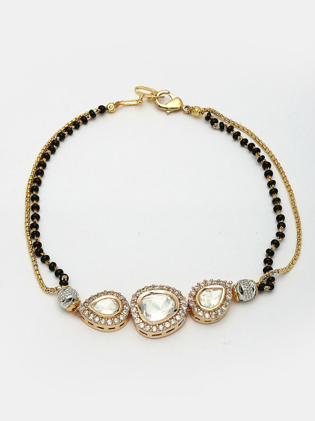NVR Women Gold-Polished & Black Brass AD-Studded Hand Mangalsutra Link Bracelet