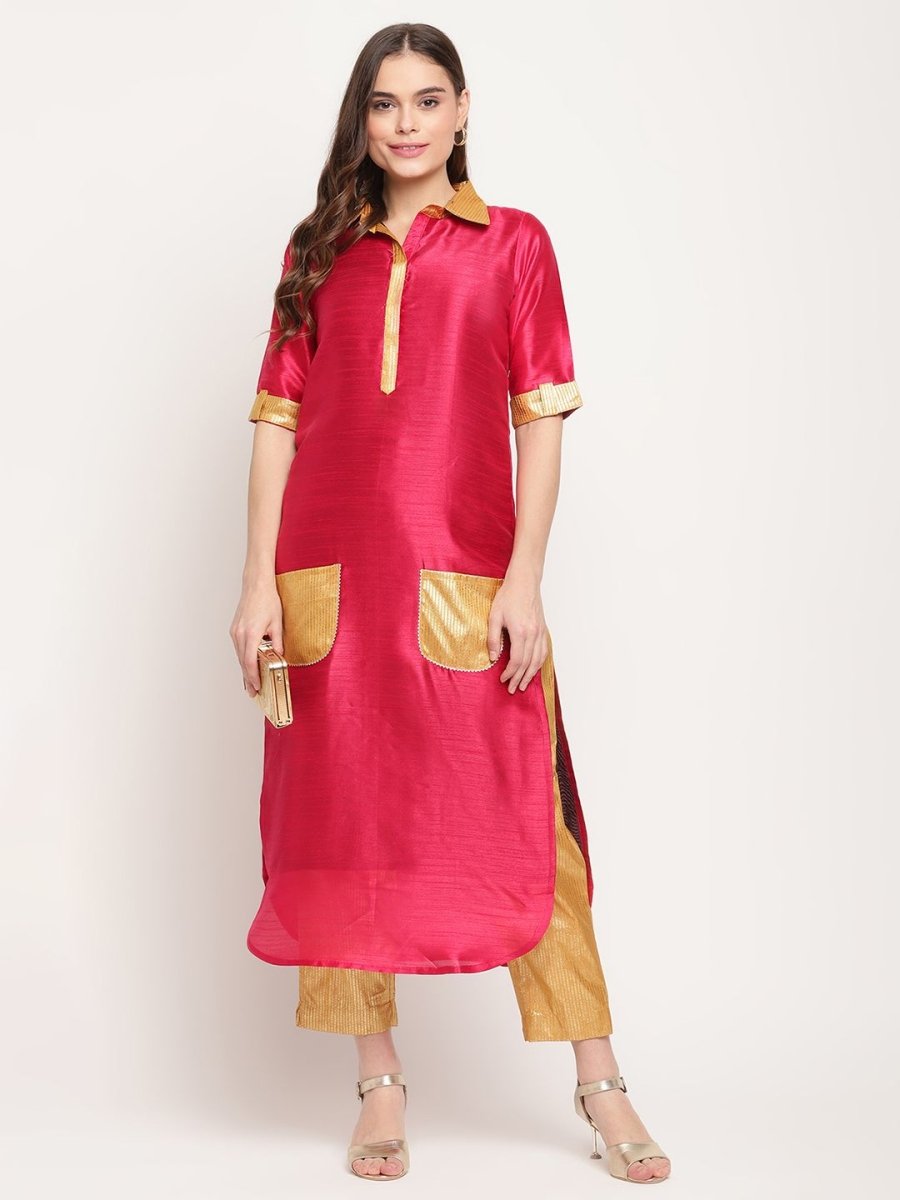 Ahalyaa Women's Dark Pink Poly Silk Kurta Trouser Set