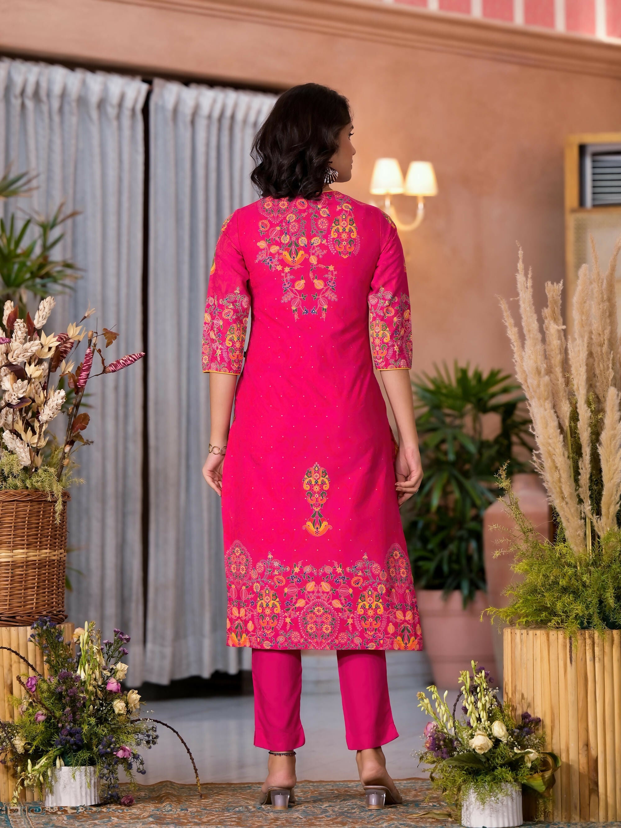 Juniper Women's Pink Thread Embroidered Liva Rayon Kurta Pant And Dupatta Set With Sequins Beads & Lace