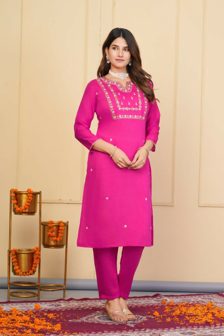 Pink Viscose Chanderi Embroidered Stitched Suit With Dupatta - Tanisha