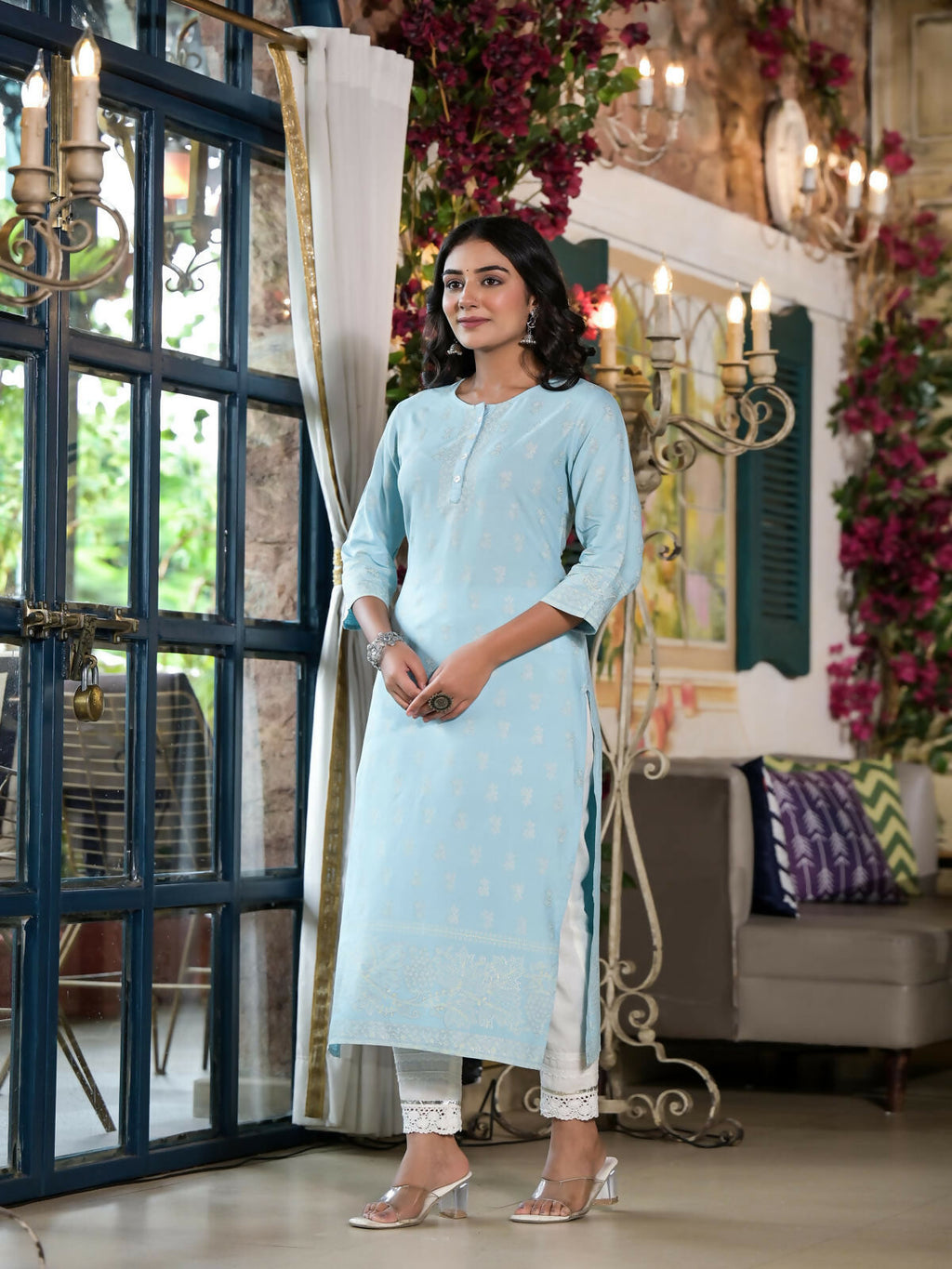 Juniper Women's Powder Blue Ethnic Motif Printed Rayon Kurta With Buttons