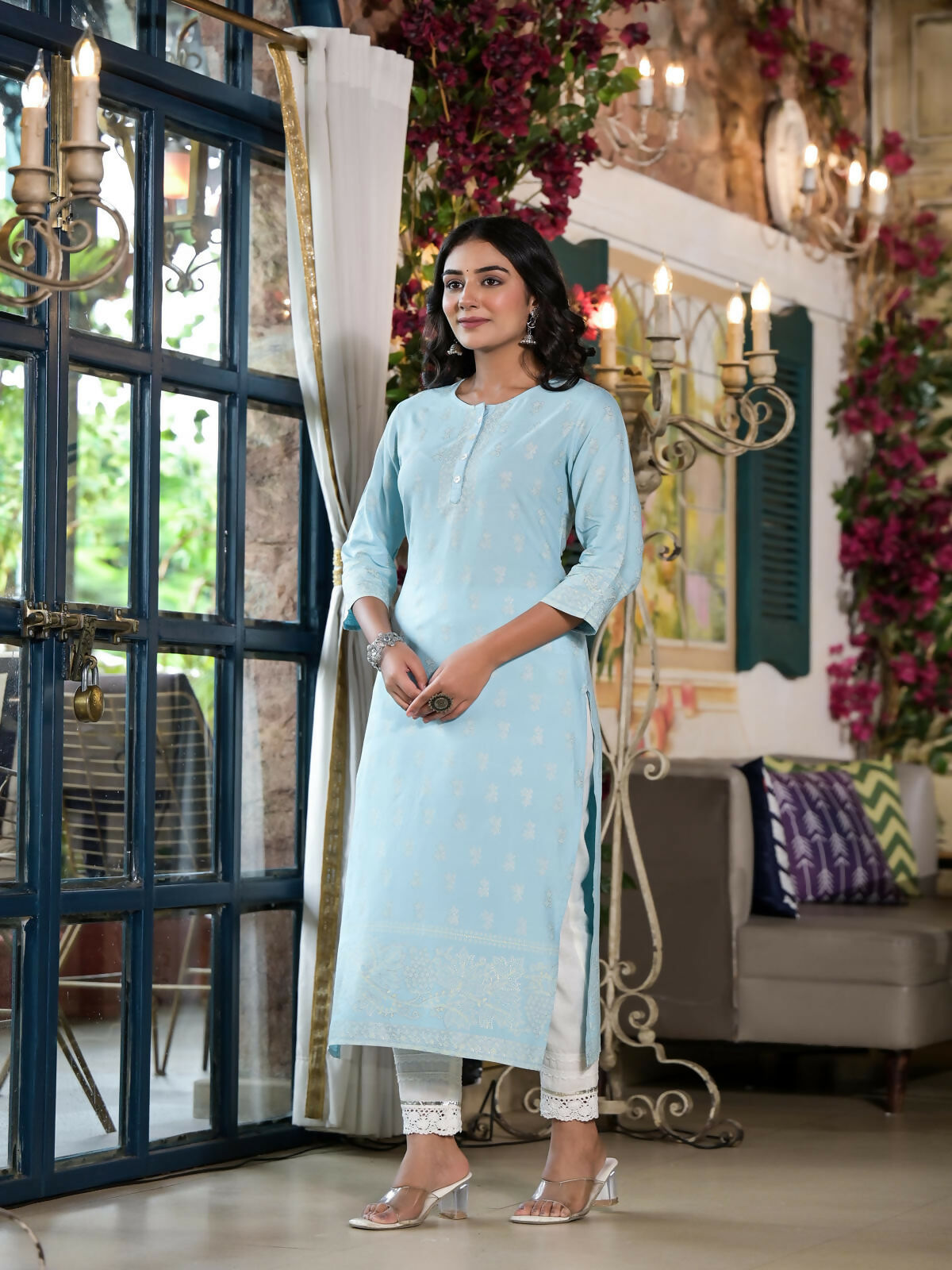 Juniper Women's Powder Blue Ethnic Motif Printed Rayon Kurta With Buttons