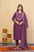 Wine Viscose Chanderi Embroidered Stitched Suit With Dupatta - Tanisha