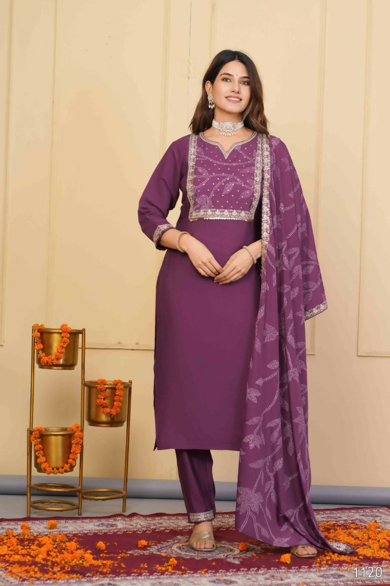 Wine Viscose Chanderi Embroidered Stitched Suit With Dupatta - Tanisha