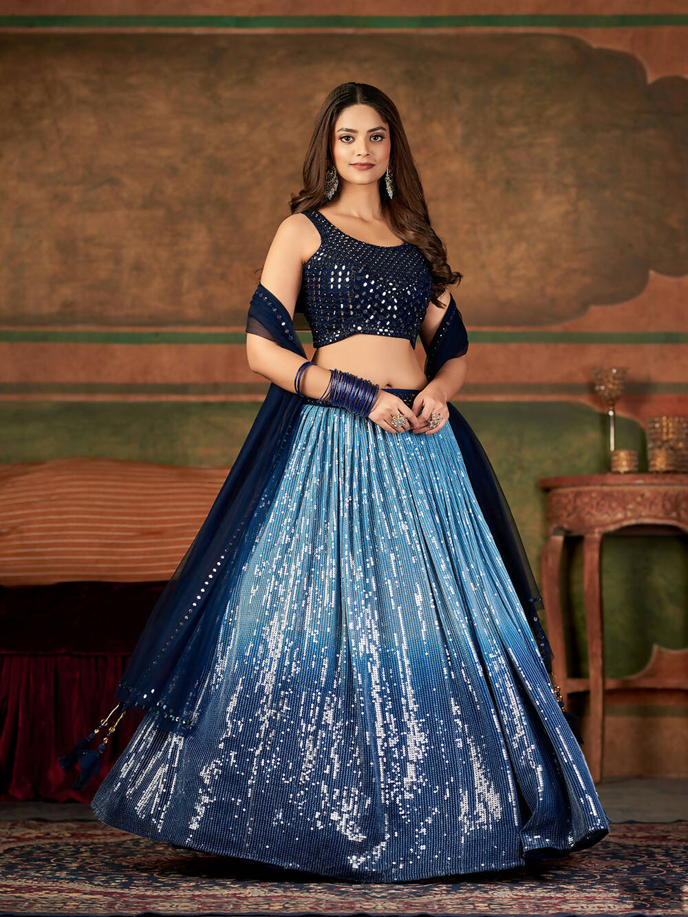 Wedding Designer Sky With Blue Nylon Georgette Readymade Lehenga Choli - Anbazaar
