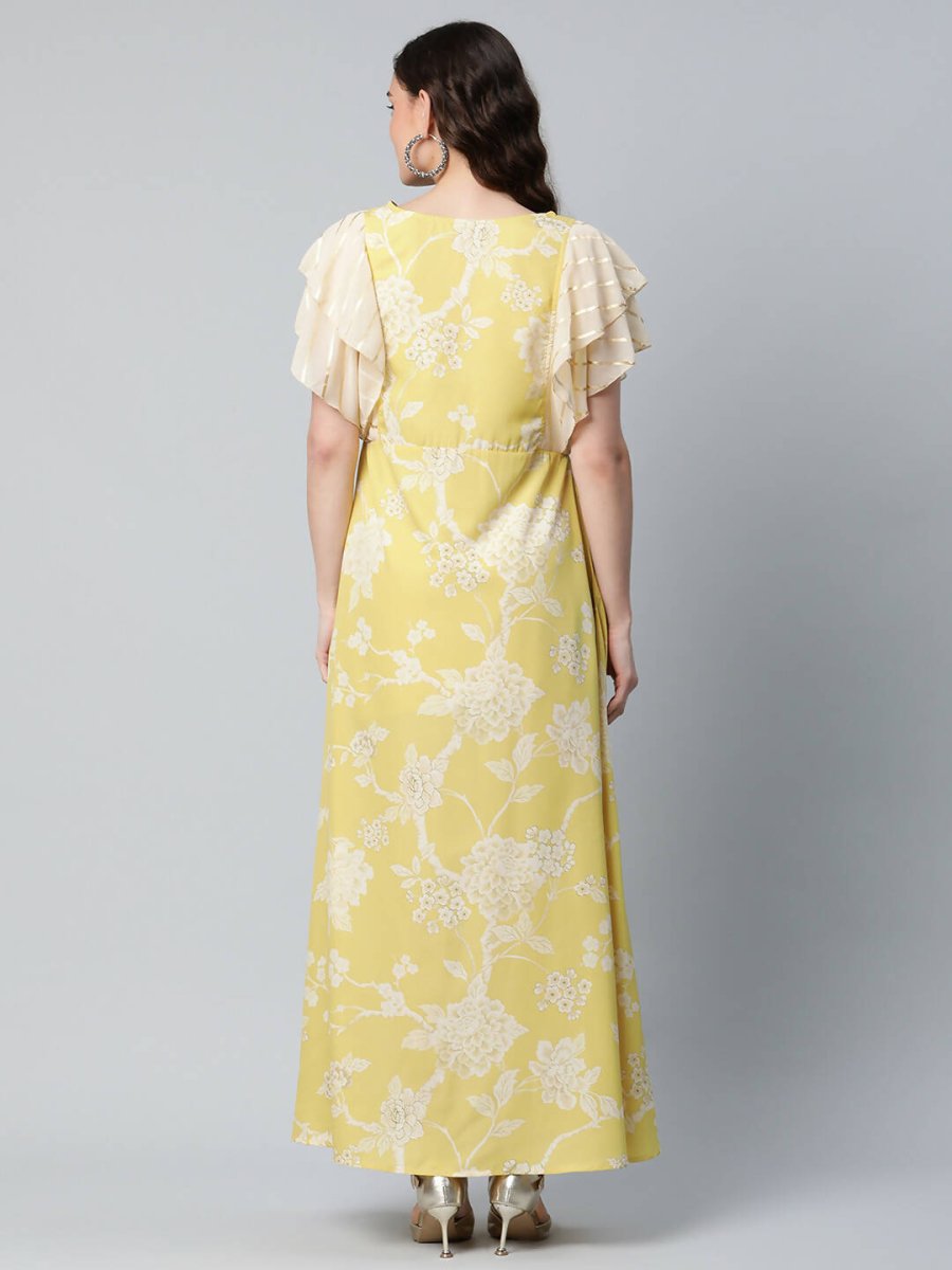 Ahalyaa Womens Lemon Yellow Crepe Floral Dress