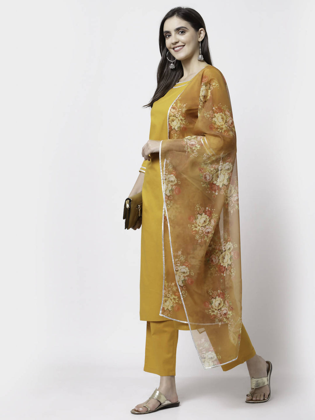 Myshka Trendy Women's Cotton Round Neck Casual Kurta Pant Dupatta Set