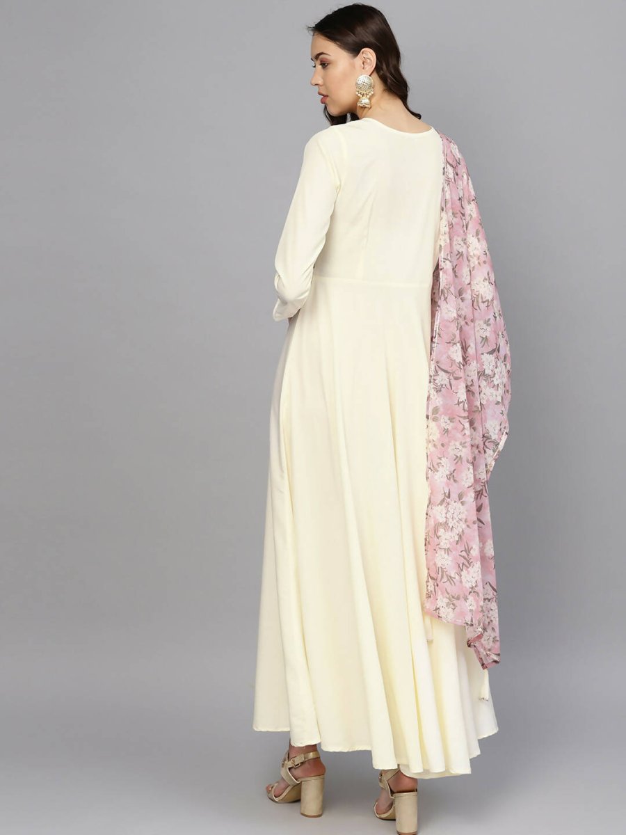 Ahalyaa Women's Cream Crepe kurta With Printed Dupatta Set