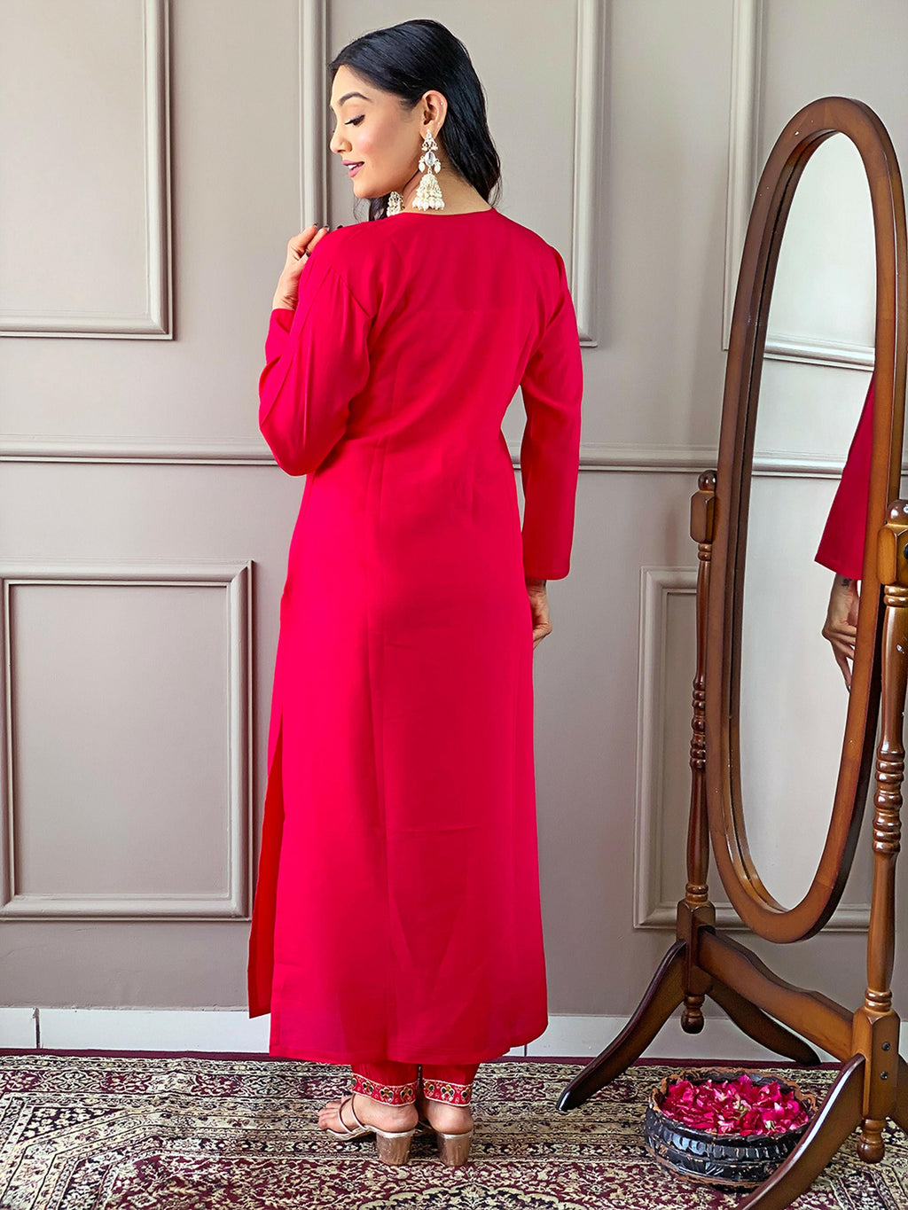 Partywear Designer Viscose Chanderi Red Stitched Suit With Dupatta - Anbazaar