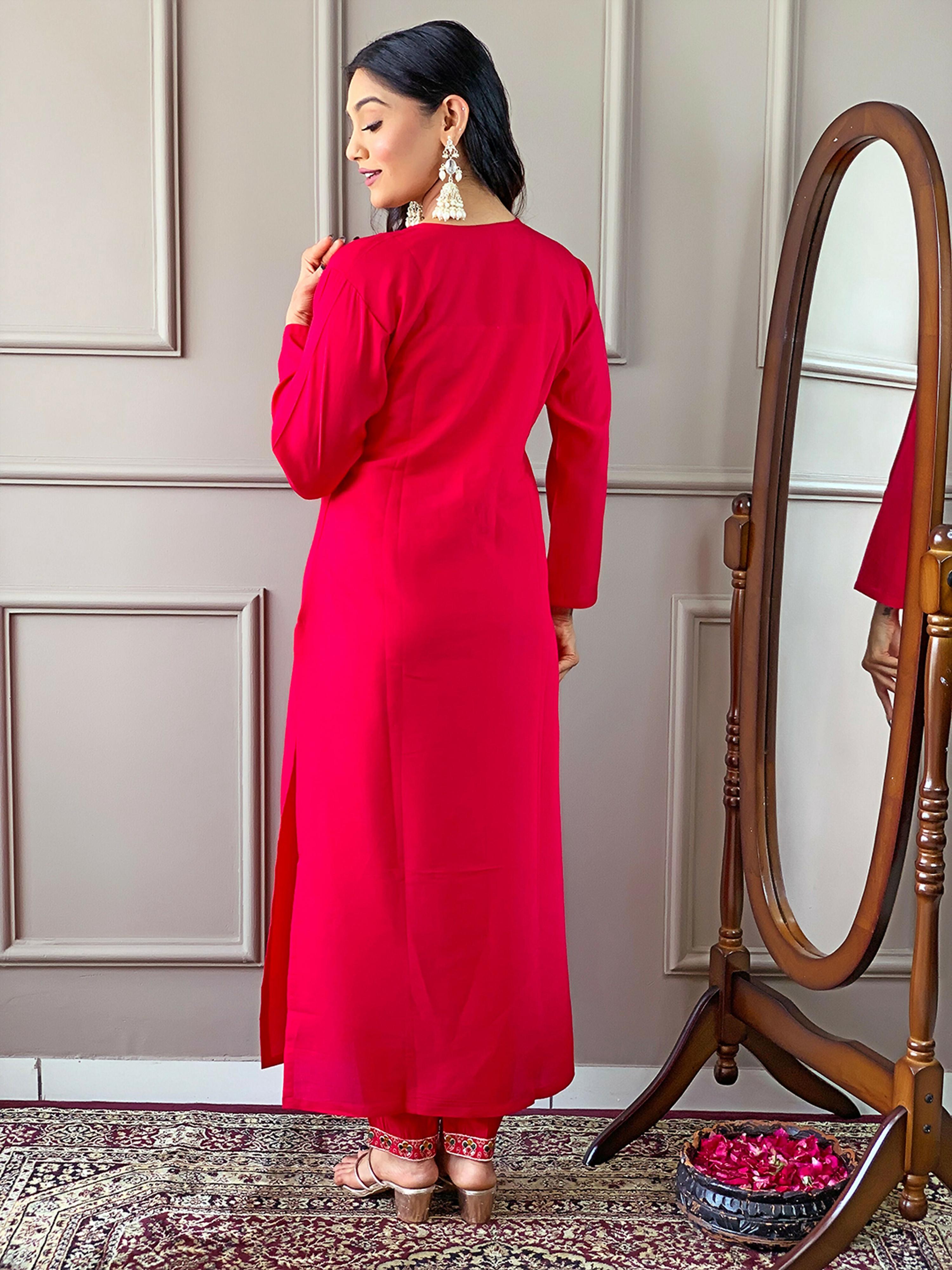 Partywear Designer Viscose Chanderi Red Stitched Suit With Dupatta - Anbazaar