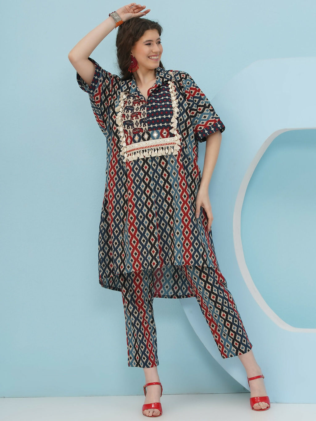 Joban Fashion Ikkat Kaftan Set - Blue Red
