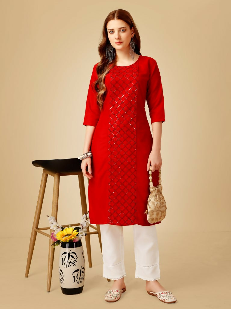 Jyoti Fashion Women's Red Cotton Blend Embroidered Kurta Pant Set