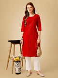 Jyoti Fashion Women's Red Cotton Blend Embroidered Kurta Pant Set