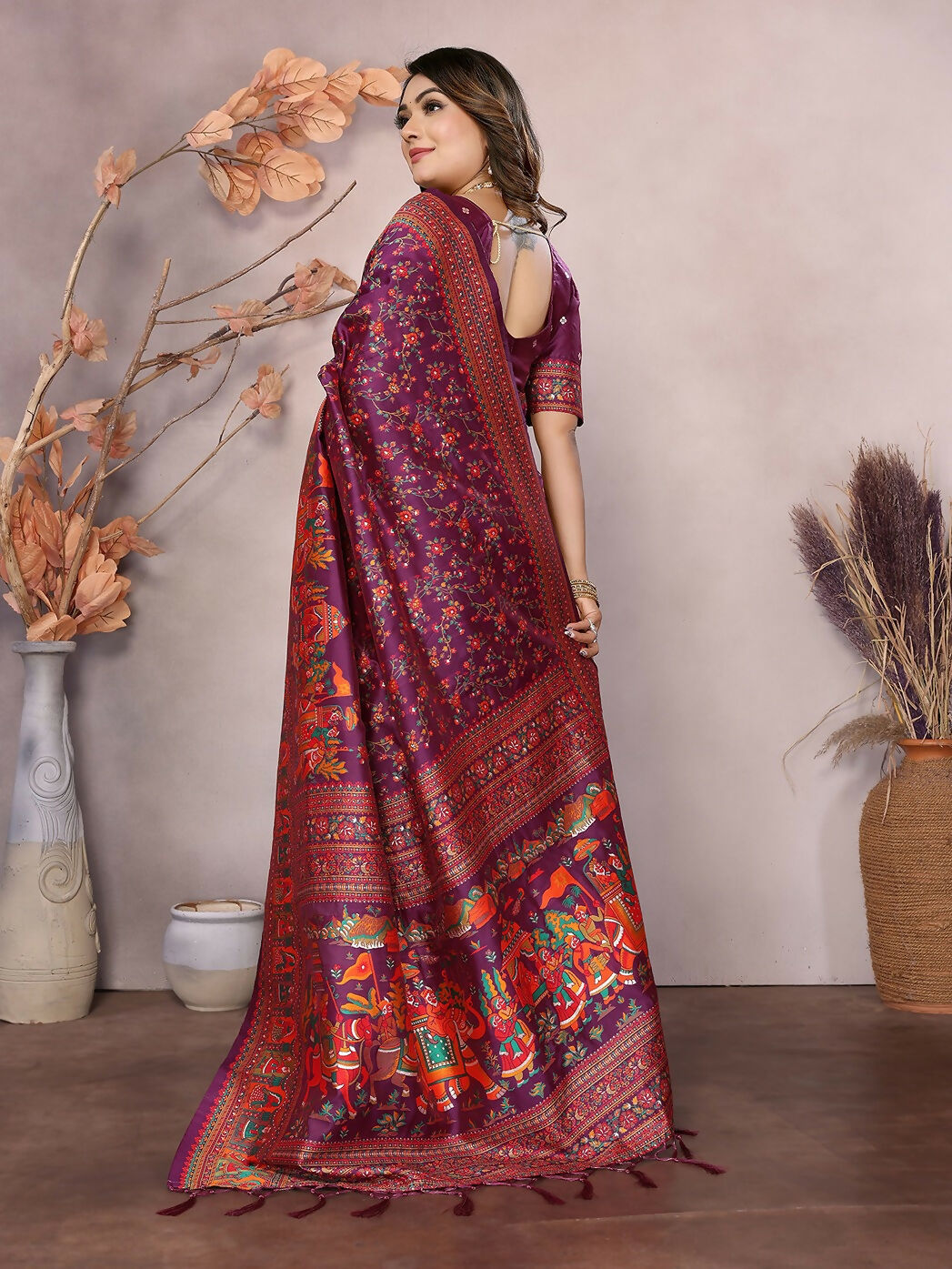 Joban Fashion Wine Meena Weaves Pashmina Sarees
