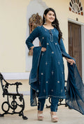 Kaajh Women's Navy Blue Mirror Embellished Cotton Suit Set