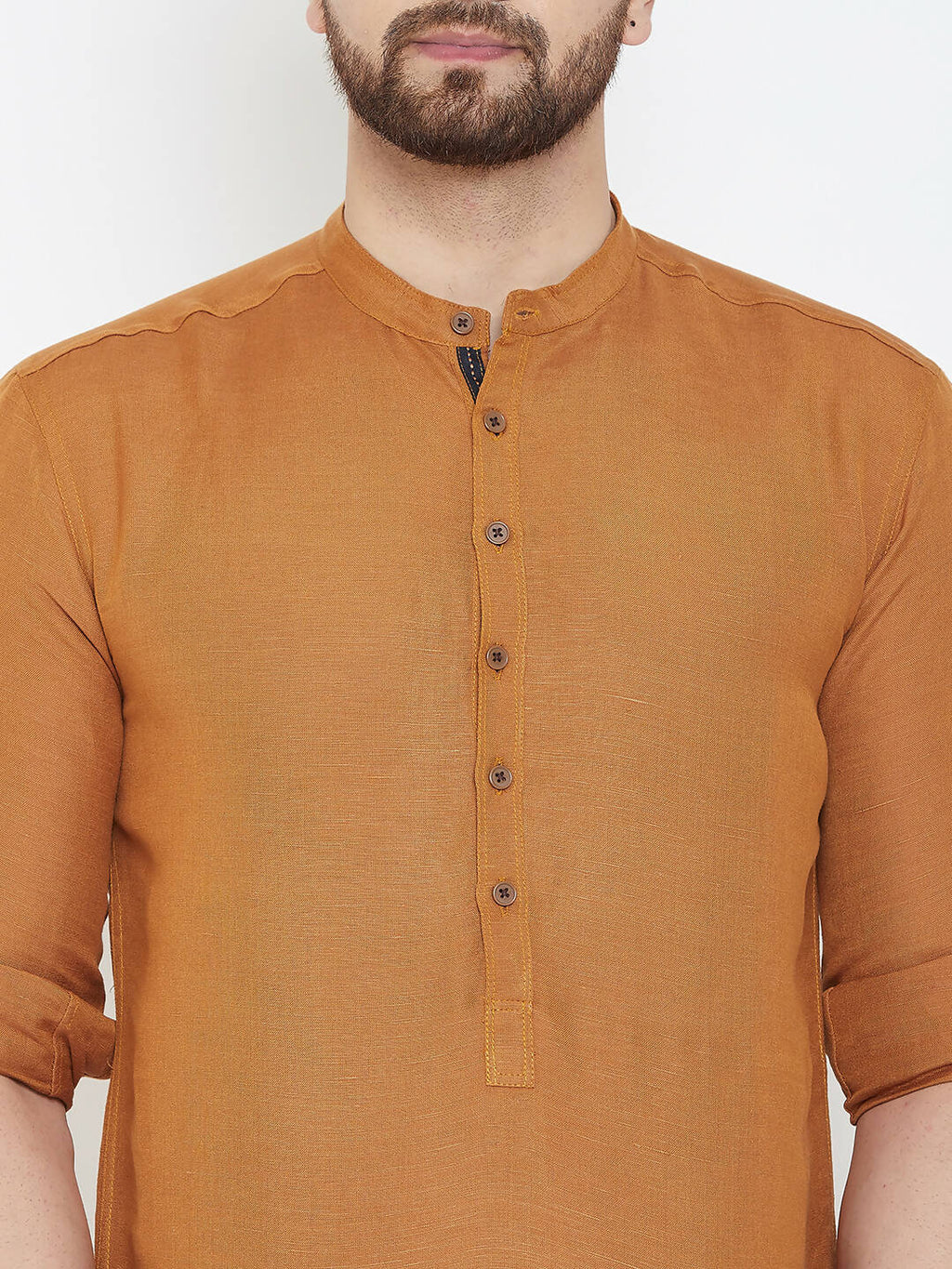 Even Apparels Brown Linen Men's Kurta With Band Collar