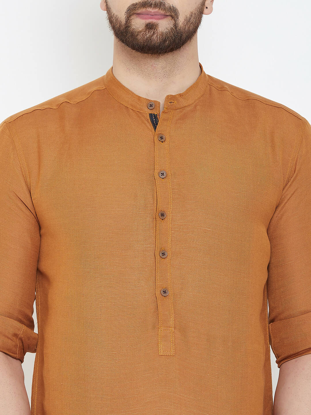 Even Apparels Brown Linen Men's Kurta With Band Collar