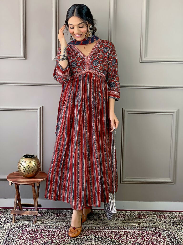 Partywear Designer Cotton Maroon Stitched Suit With Dupatta - Tanisha