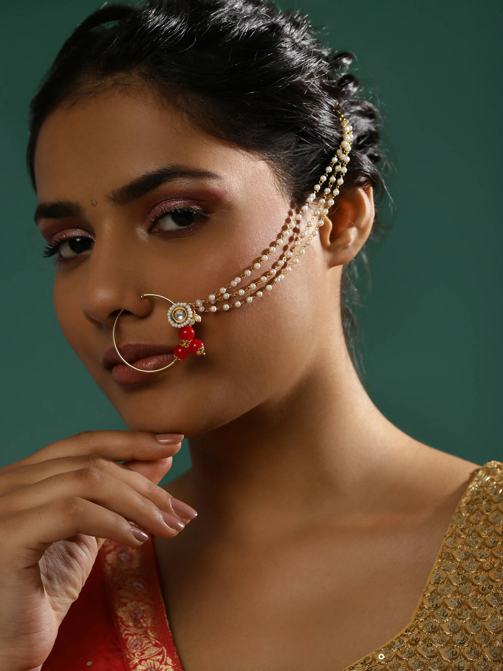 White Red Gold-Polished Kundan-Studded Beaded Nosepin - Ruby Raang