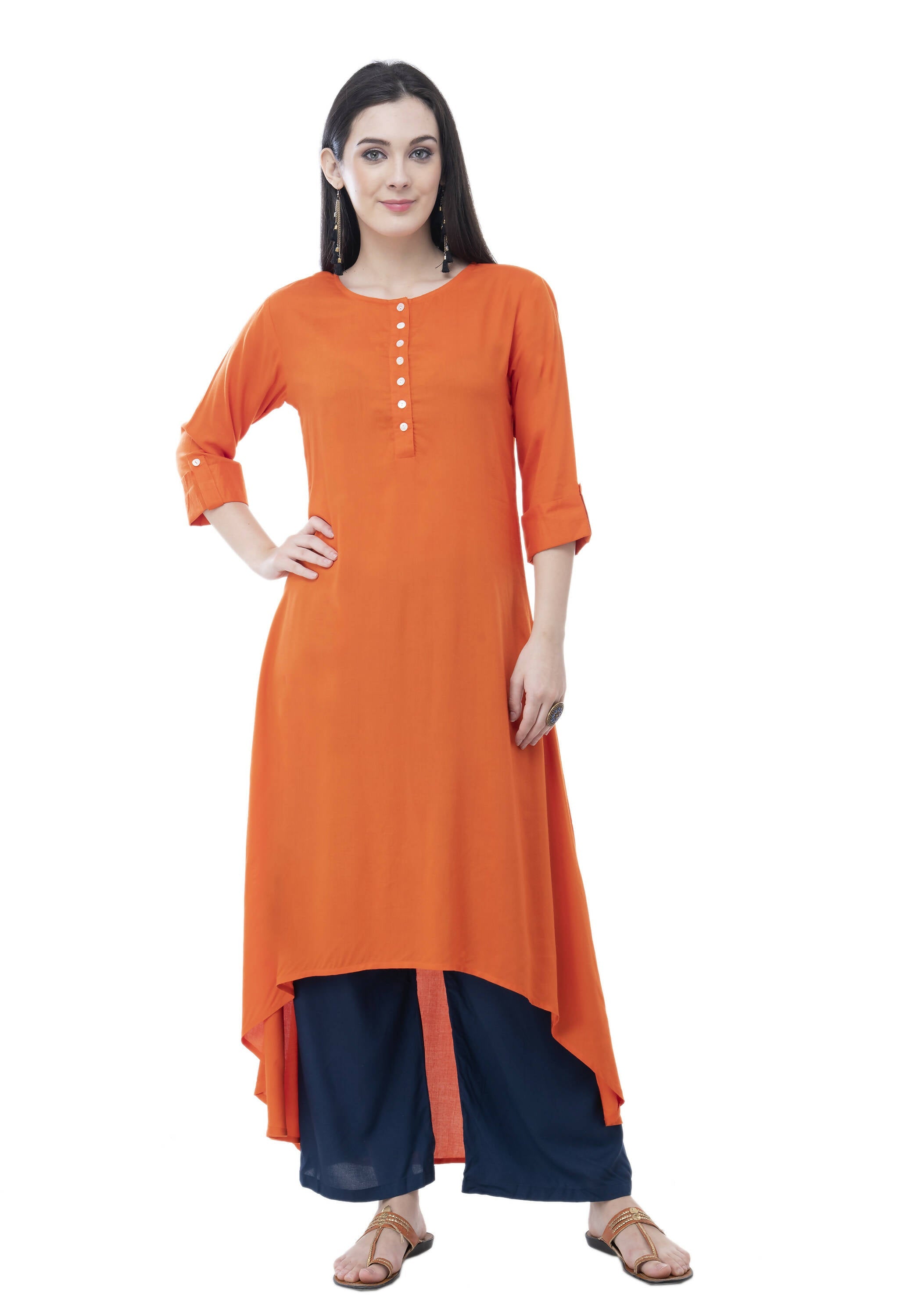 Women's Orange Updown Kurti With Sleeve Cuff And Tabs, Front Buttons - G & A Apparels