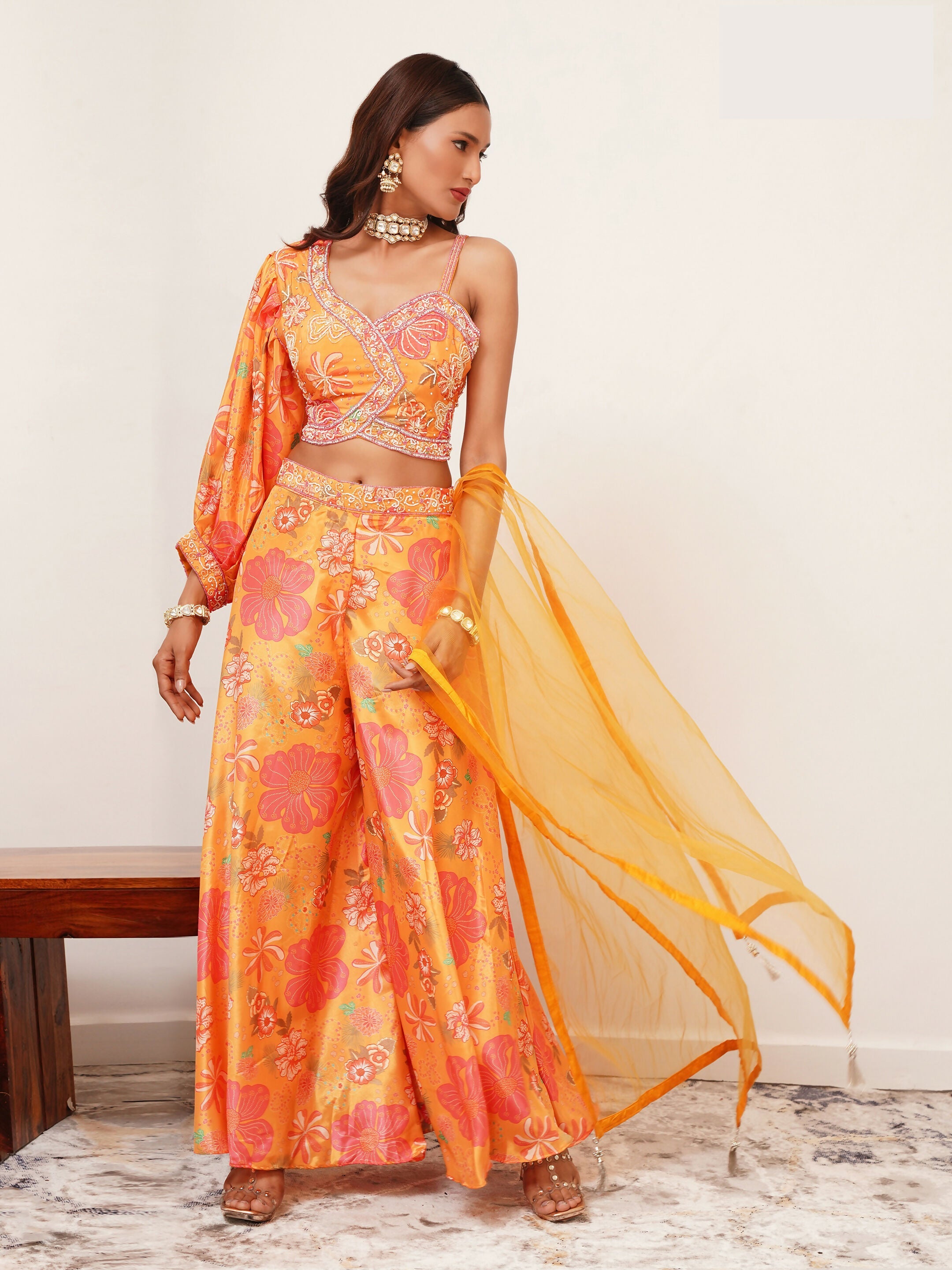 Orange Digital Chinon Handwork Top with Palazzo & Dupatta - Naomika