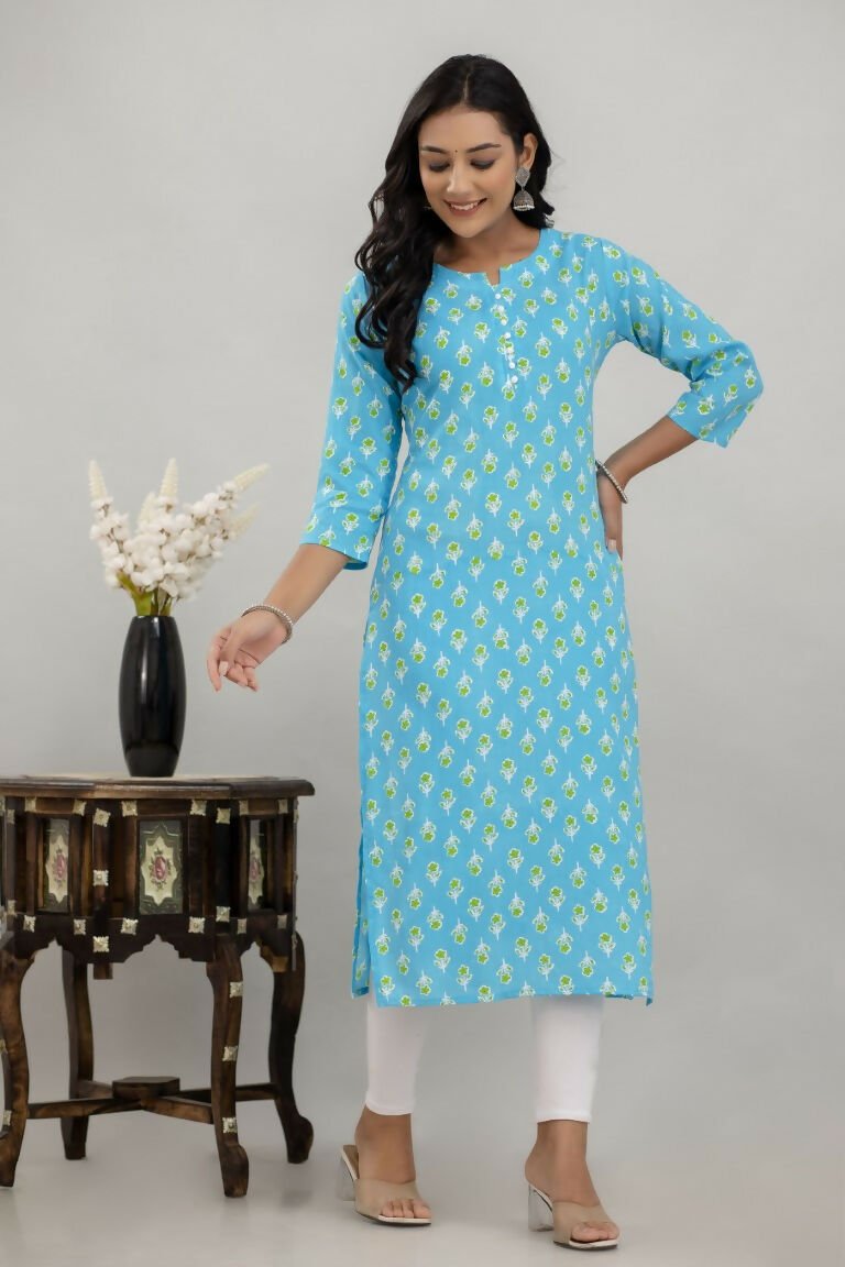 Alvano Printed Straight Kurta for Women and Girls Rayon (Lightblue)