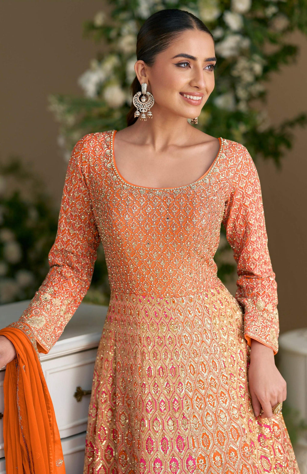 Anaita Orange Georgette Readymade Anarkali Suit with Embroidery Zarkan Work