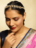 Gold-Polished White Kundan-Studded Pearl Beaded Hair Band - Ruby Raang